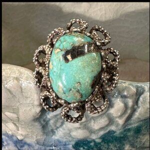 1970s Brutalist Sterling Silver Ring Turquoise Size 6.5
